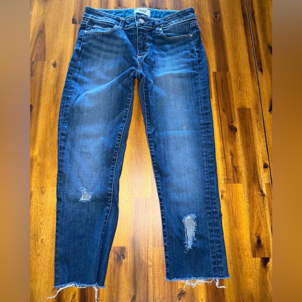 Paige Distressed Straight Leg Blue Jeans Size 27